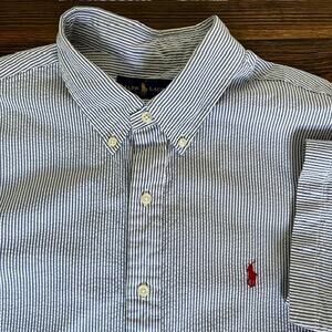 Ralph Lauren Seersucker Blue White Striped SS Button Down Shirt Mens XL Cotton